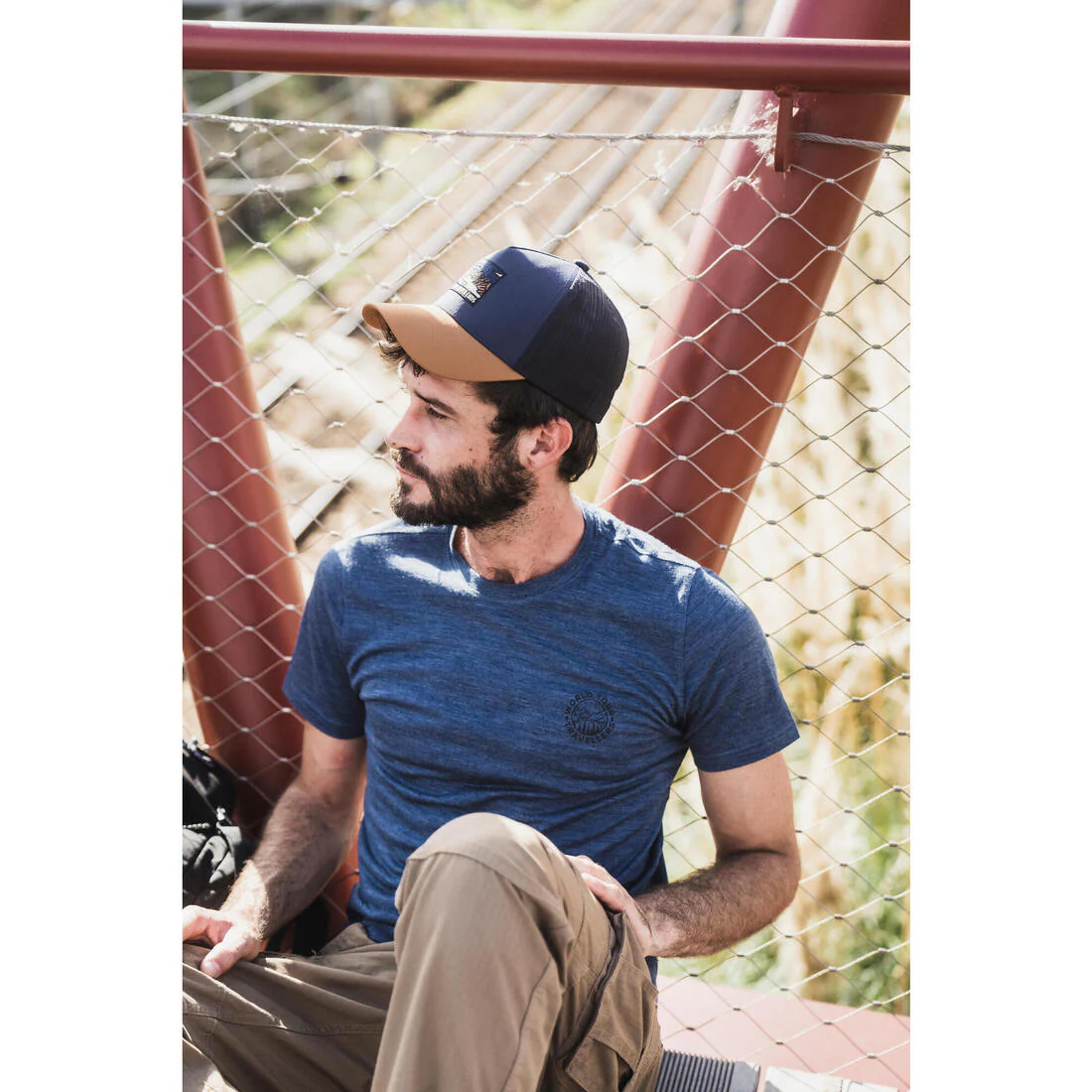 REMERA DE SENDERISMO VIAJE MANGA CORTA LANA MERINO HOMBRE - TRAVEL 500 AZUL - Image 14